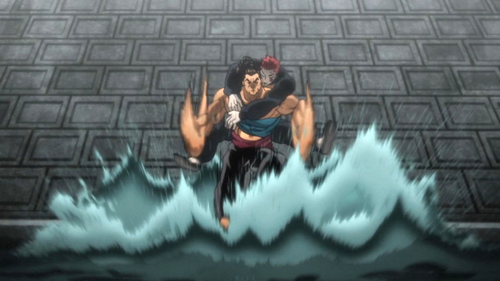 ドイルを背負った状態で川の上を走る烈海王